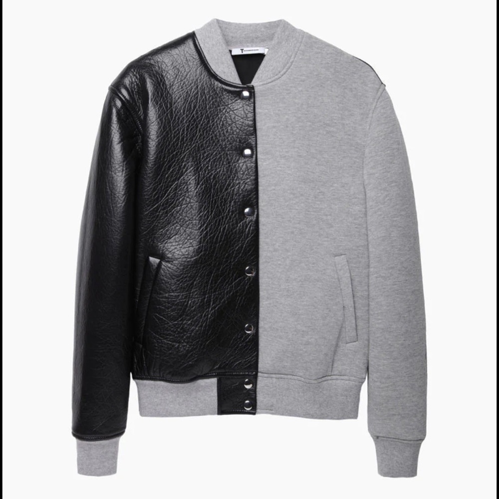 ALEXANDER WANG Leather & Neoprene Half Half Varsity Jacket Black and Grey - Picture 2 of 13